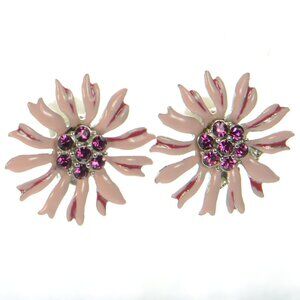 Vintage Kenneth Jay Lane KJL Enamel & Crystal Flower Clip-on Earrings